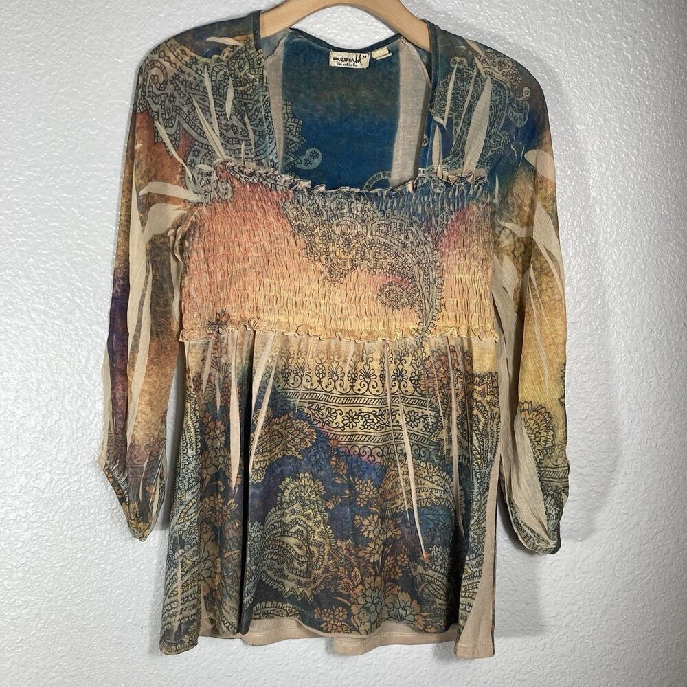 Y2K Womens Tunic Top M Sheer Babydoll Smocked Fairy Whimsical Smoky